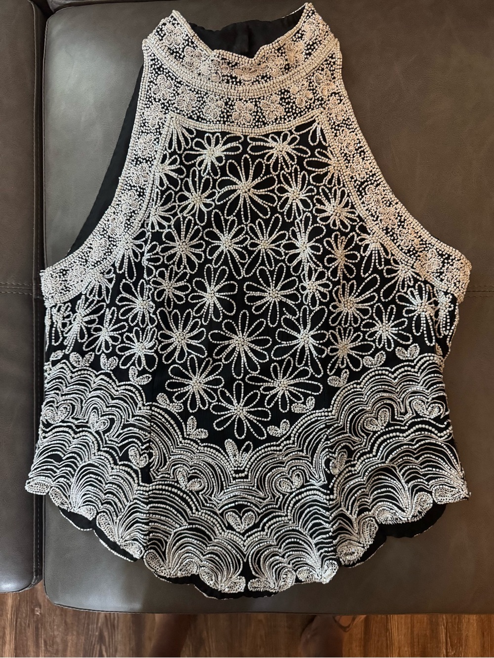 Papell Boutique Black Tank Top with White Beaded Floral Embroidery